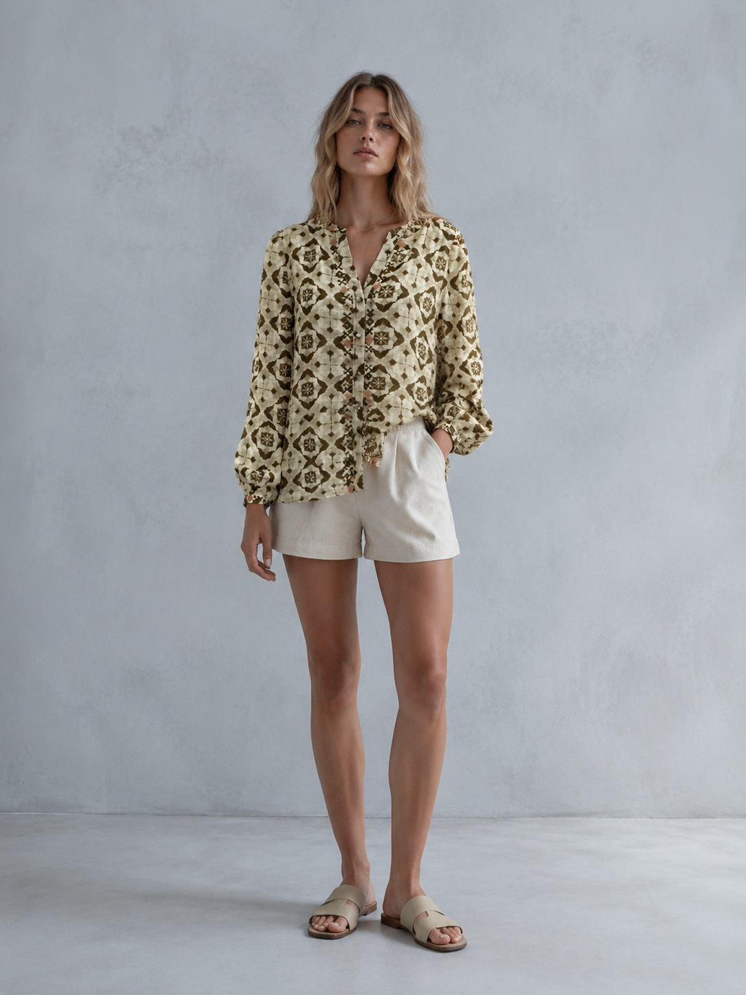 Women's Green Geometric Print Long-Sleeve Blouse A-42878 