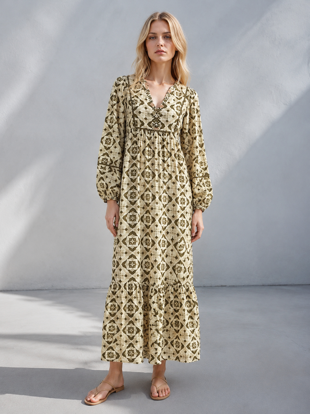 Women's Green Geometric Print Belted Shirt Dress A-42879