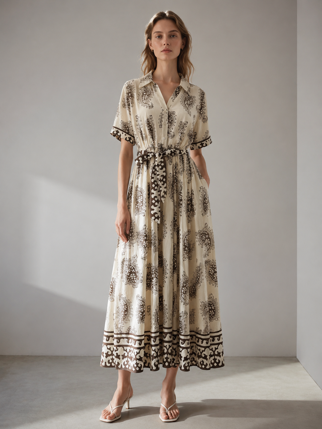 Women's Black and Ivory Boho Print Belted Dress D-42275