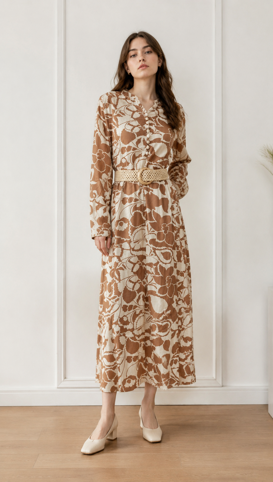 Elegant  Floral Print Midi Dress - Puff Sleeve Belted Dress AN-710026