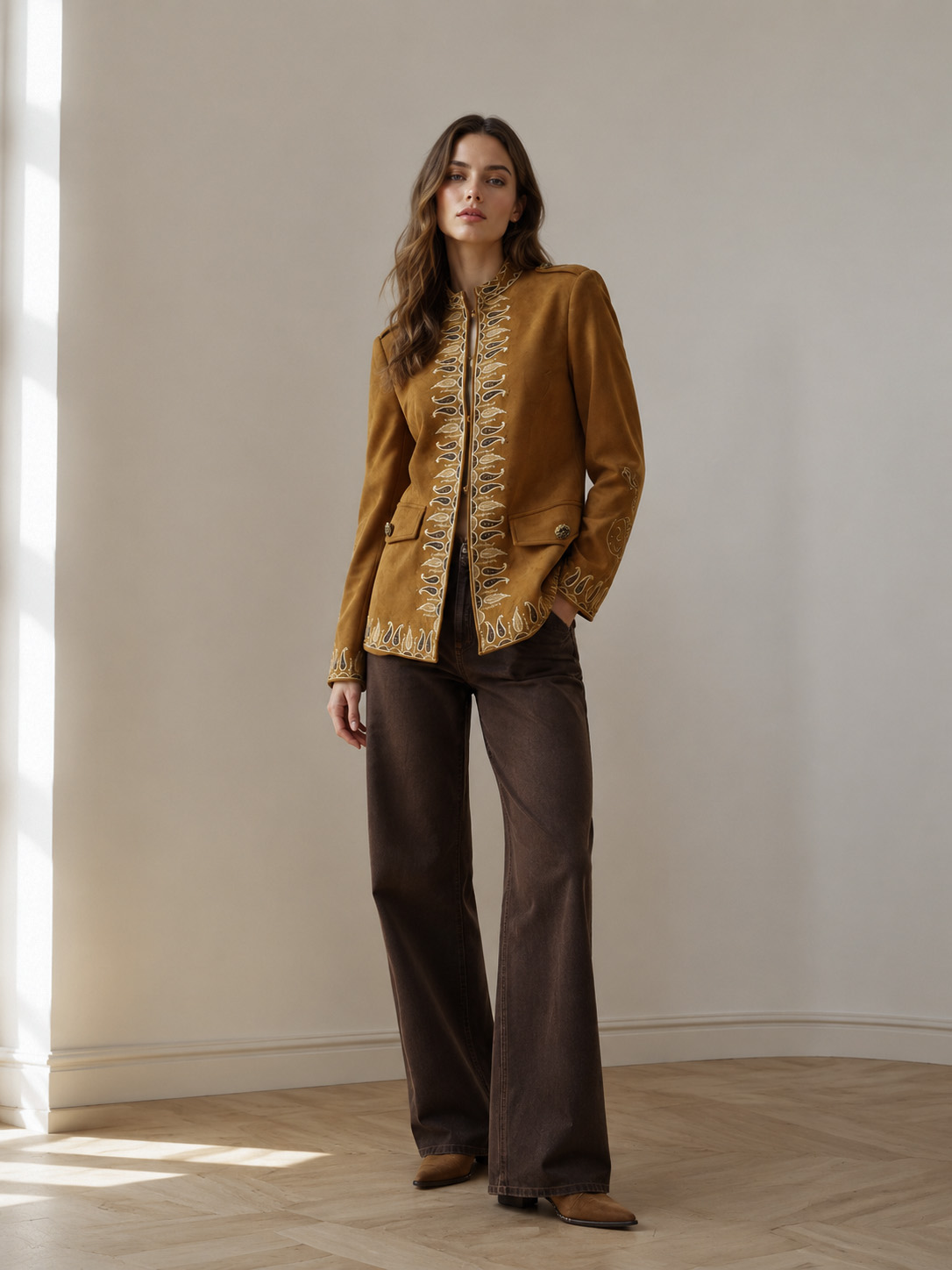 Women's Caramel Folk Embroidered Long-Sleeve Tunic LA-260994