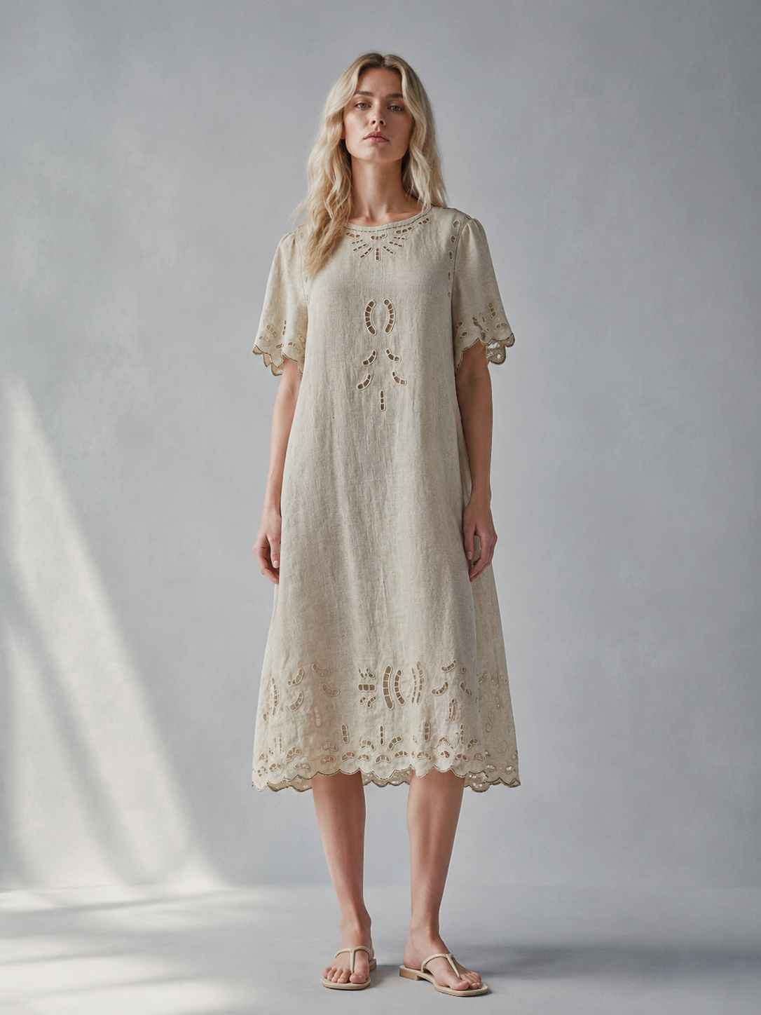 Women's Ivory Floral Embroidered Short-Sleeve Dress W-42945