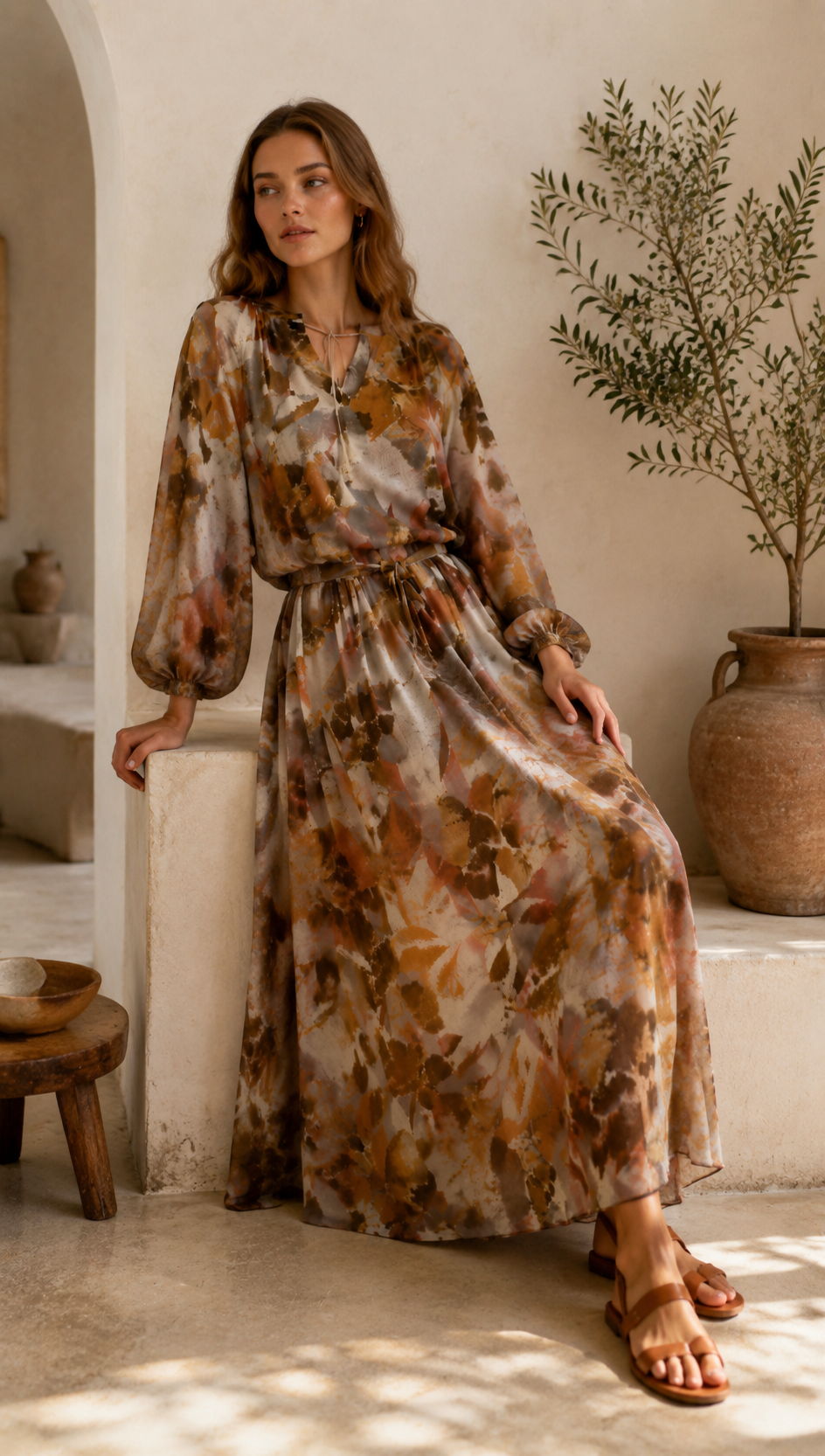 Boho Floral Maxi Dress – V-Neck Tassel Tie Loose Fit Long Sleeve Resort Dress AN-121008