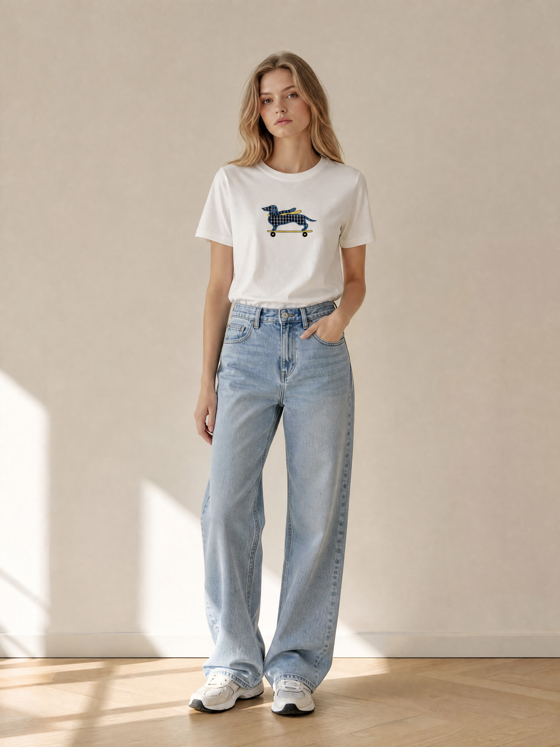 Women's White Colorful Dog Graphic T-Shirt 867