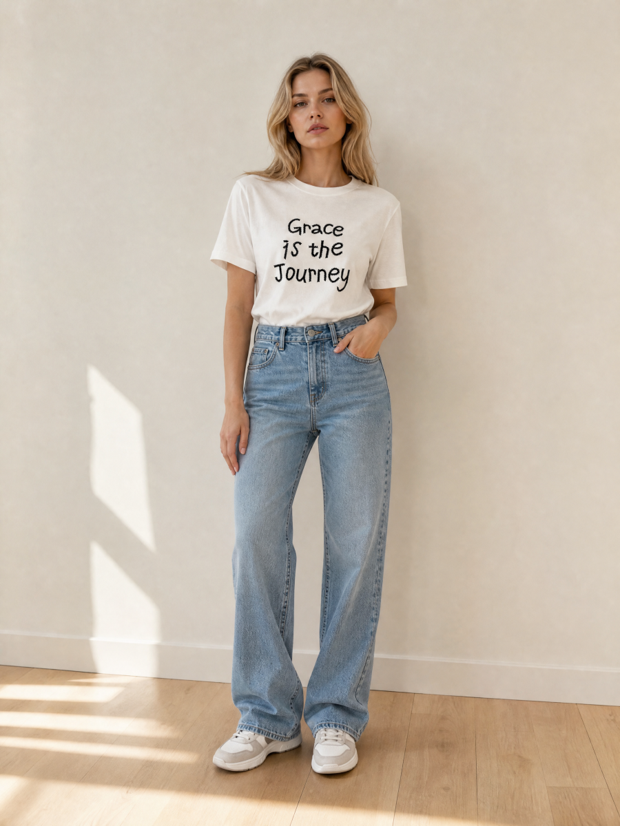 Women's White Grace Is the Journey Slogan T-Shirt 868