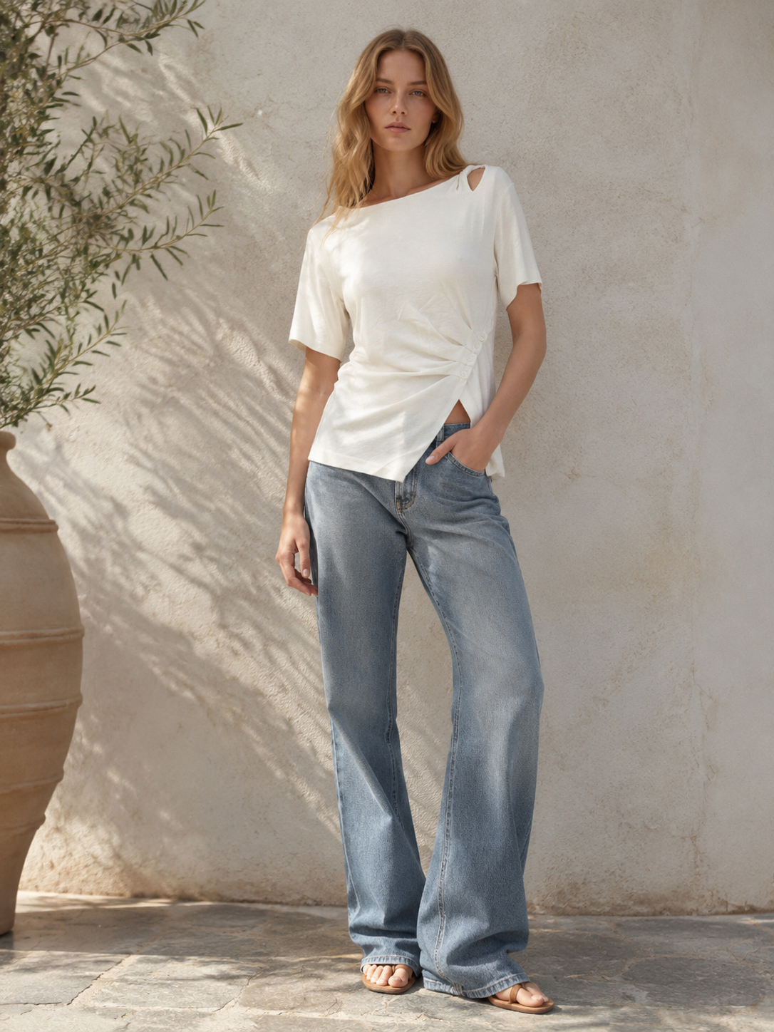 Women's Asymmetric Cutout-Shoulder T-Shirt 2219