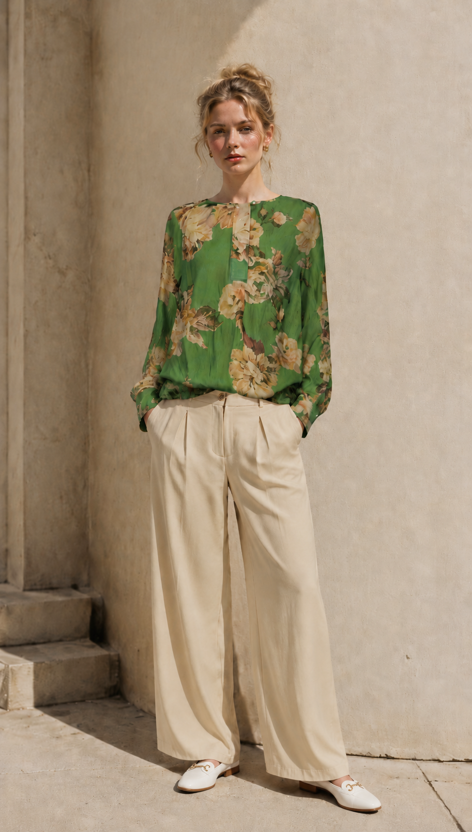 Minimalist Floral Print Long Sleeve Blouse - Premium Linen Look AN-620018