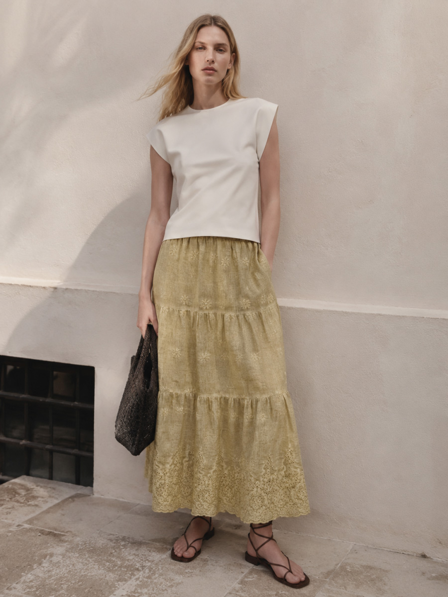 Women's Beige Tiered Lace Maxi Skirt with Scalloped Hem 508#20
