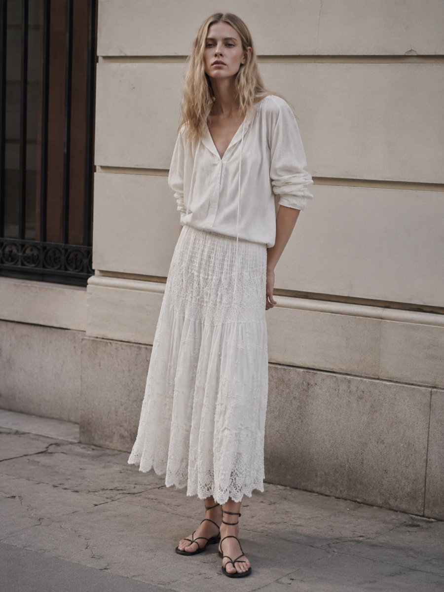 Women's White Floral Lace Maxi Skirt with Scalloped Hem 5118