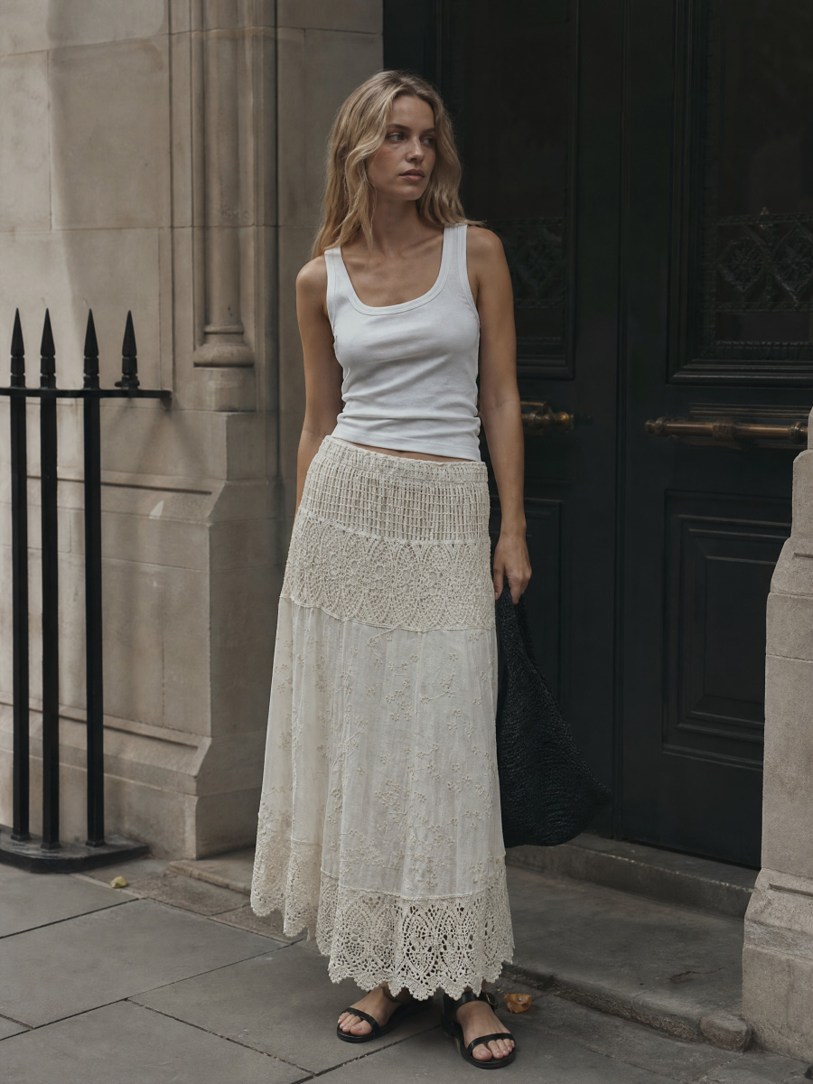 Women's White Floral Lace Maxi Skirt with Scalloped Hem 5118