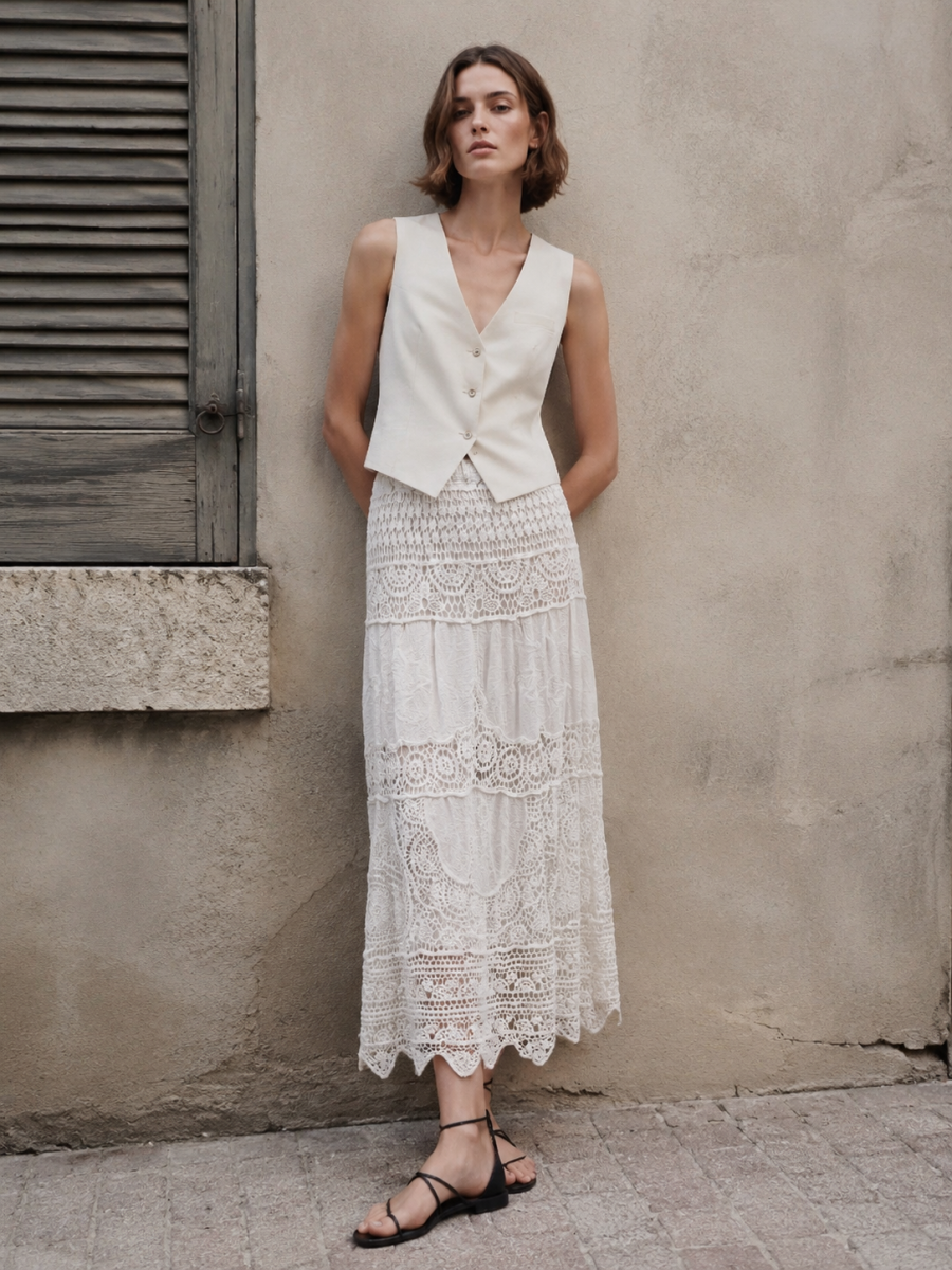 Women's White High-Waist Floral Lace Maxi Skirt 5095