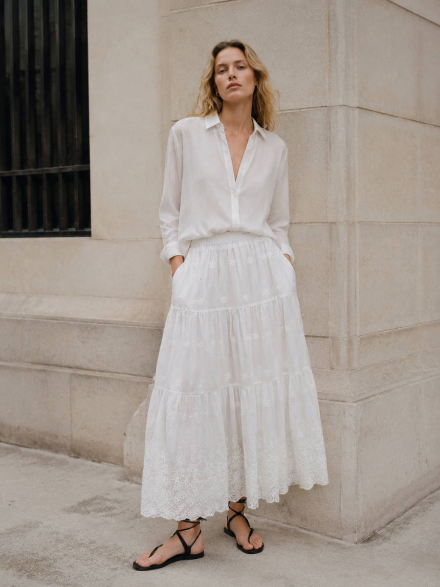 Women's White Tiered Lace Maxi Skirt 508-20