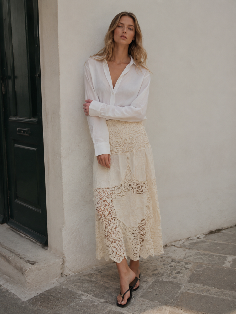 Women's White High-Waist Floral Lace Maxi Skirt 5095
