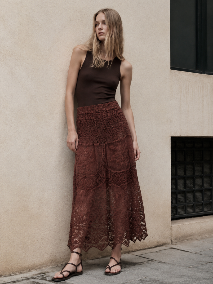 Women's White High-Waist Floral Lace Maxi Skirt 5095