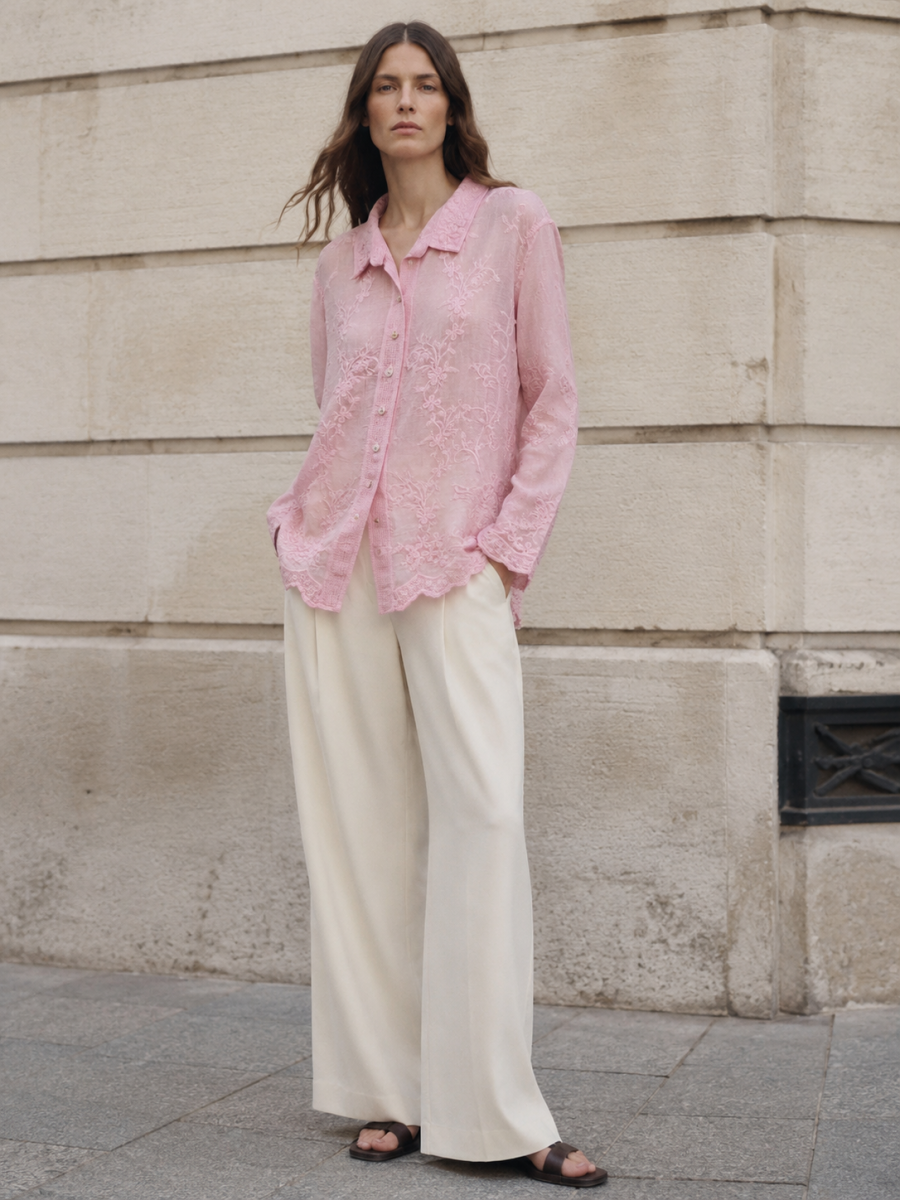 Women's Floral Lace Button-Up Long-Sleeve Shirt K30