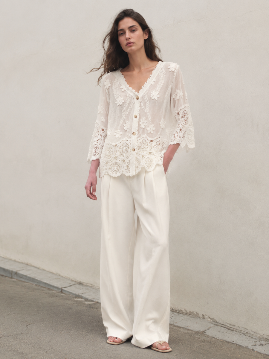 Women's V-Neck Floral Lace Button-Front Cardigan V38