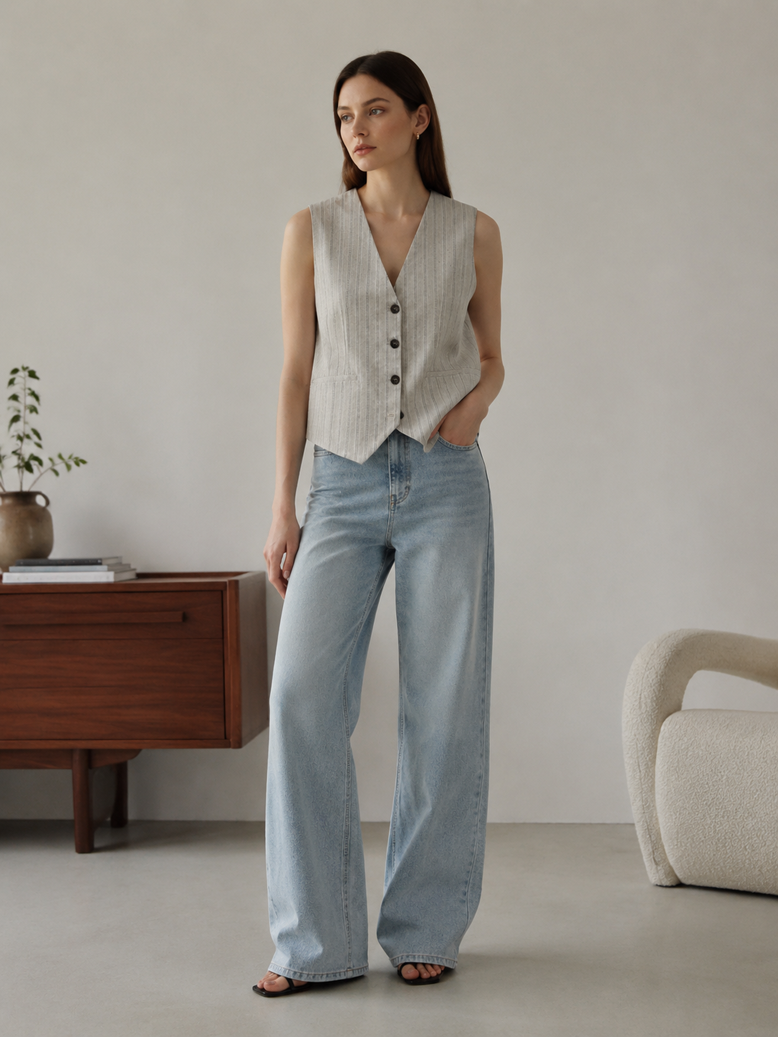 Versatile Cropped Striped Linen Vest, Women V‑Neck Sleeveless Single‑Breasted Pocketed Layering Outer Top A-42106