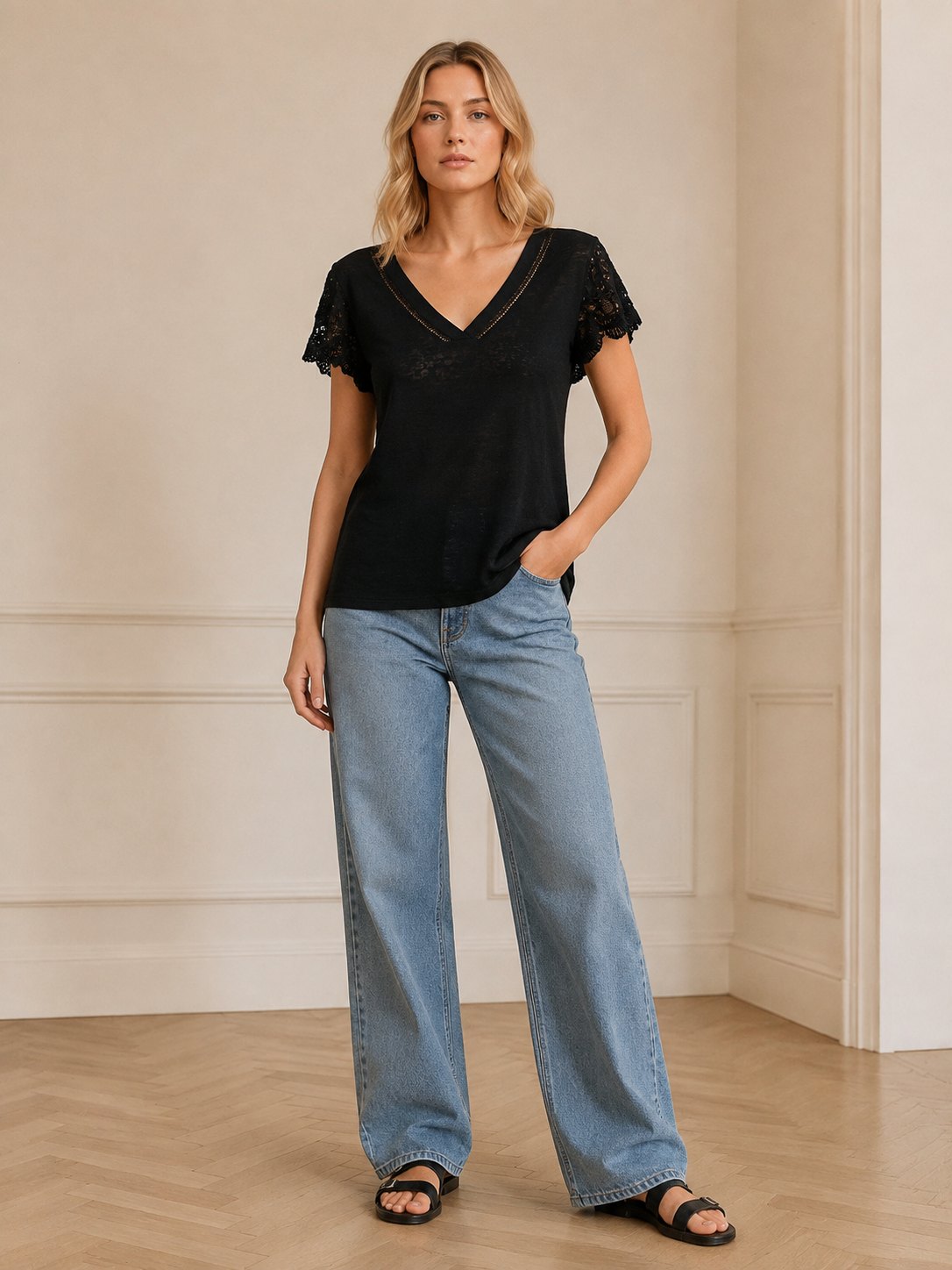 Women's Black V‑Neck Linen‑Texture Short‑Sleeve Top M-42248-1