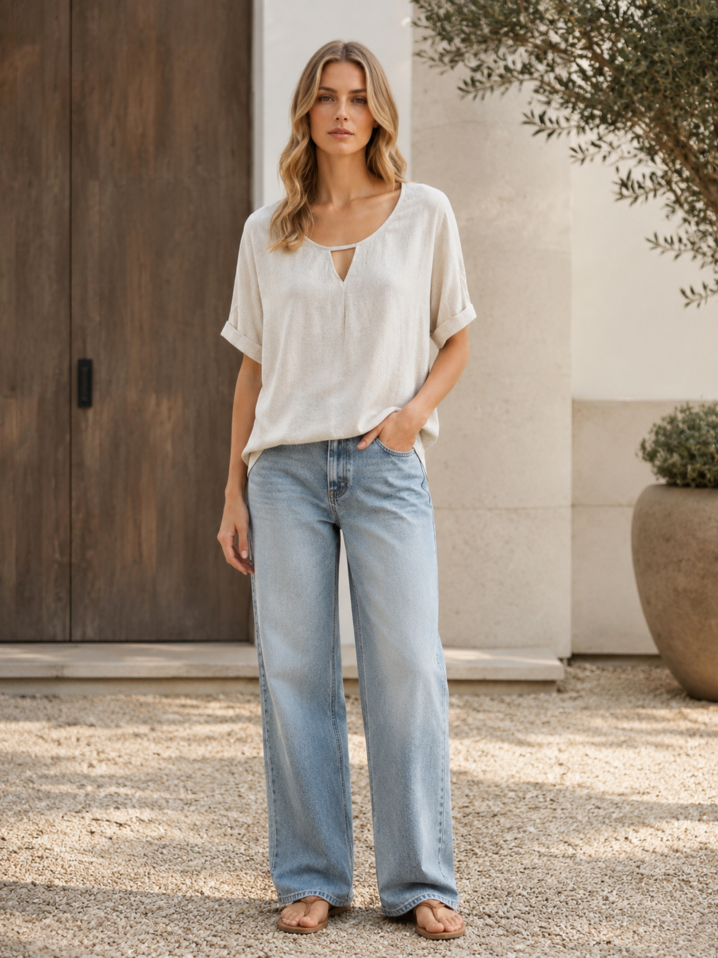Women's Linen‑Blend Keyhole Neck Blouse A-42226H