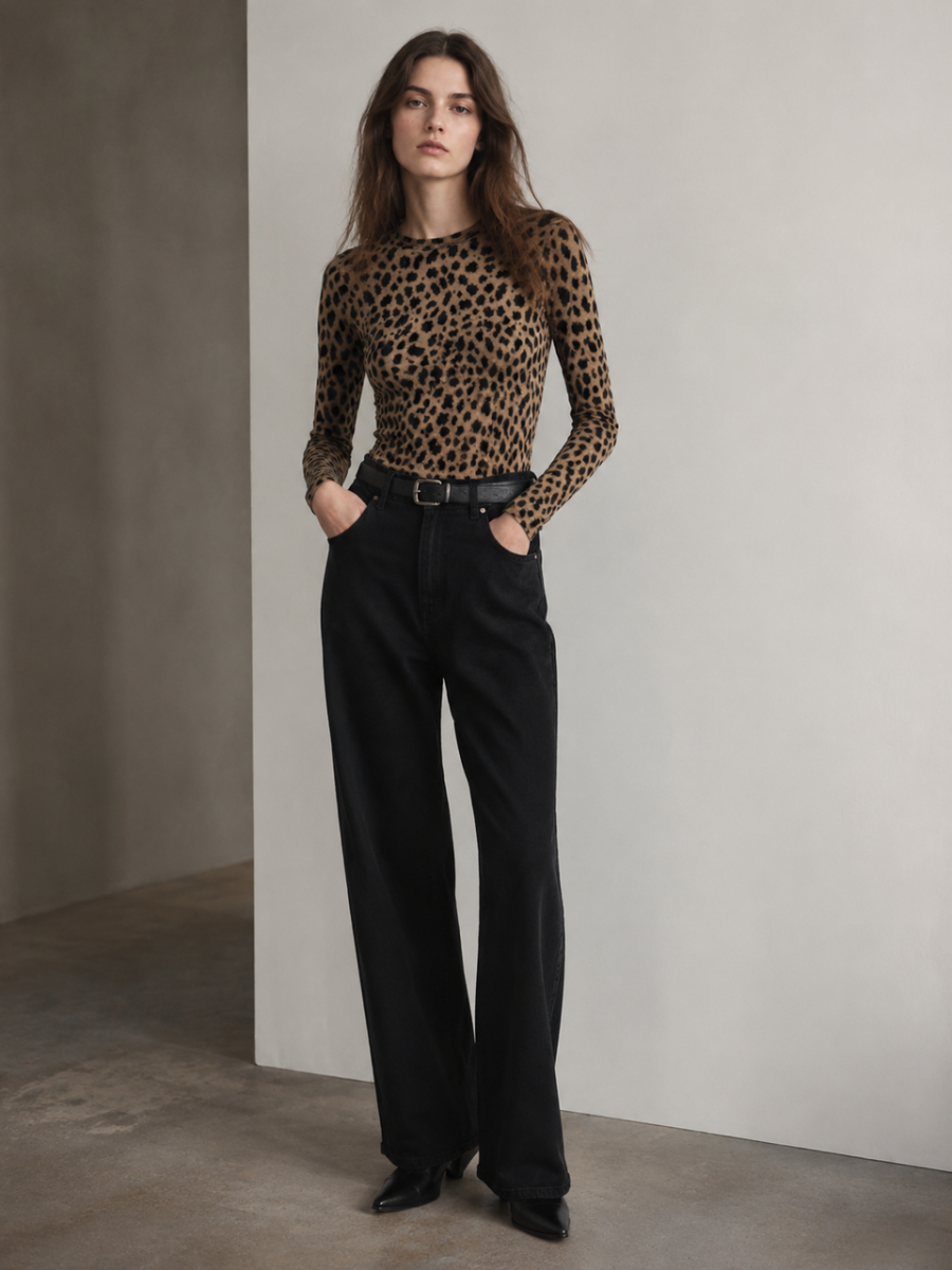 Women Leopard‑Print Crew‑Neck Long‑Sleeve Top W-43113