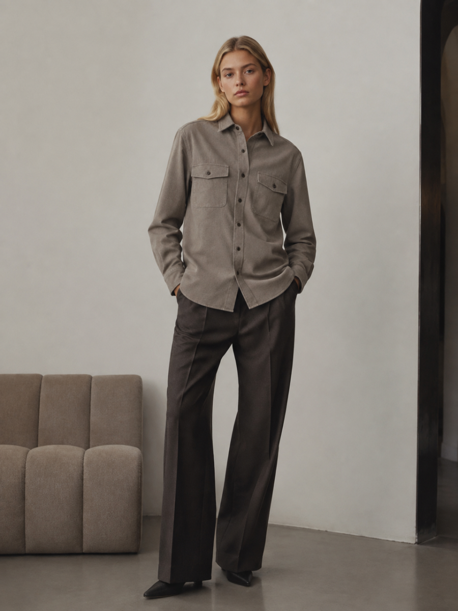 Elegant Washed‑Fabric Long‑Sleeve Shirt W-43316