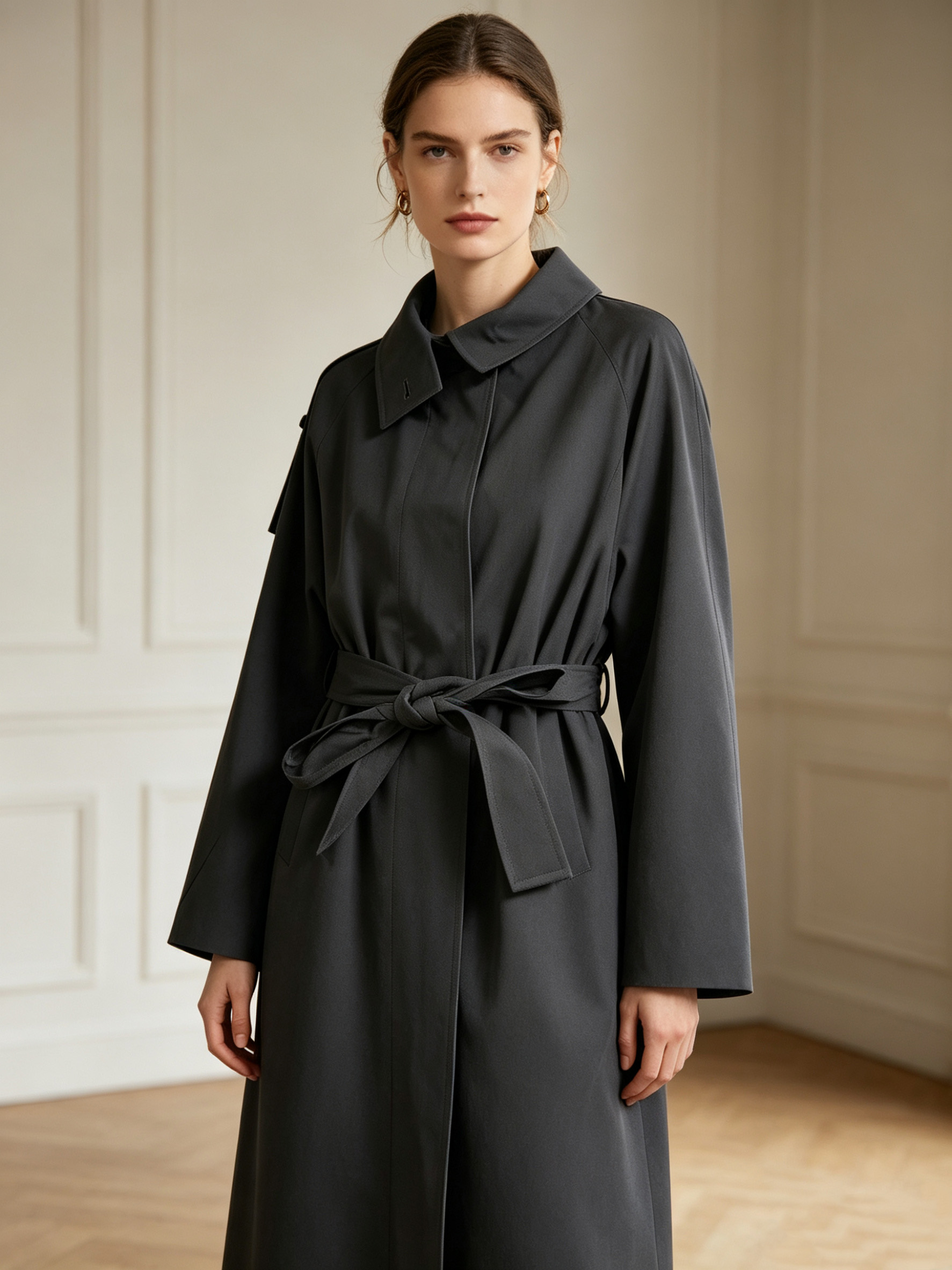 Dark Grey Belted Trench Coat with Asymmetric Collar - Long Outerwear M-42870