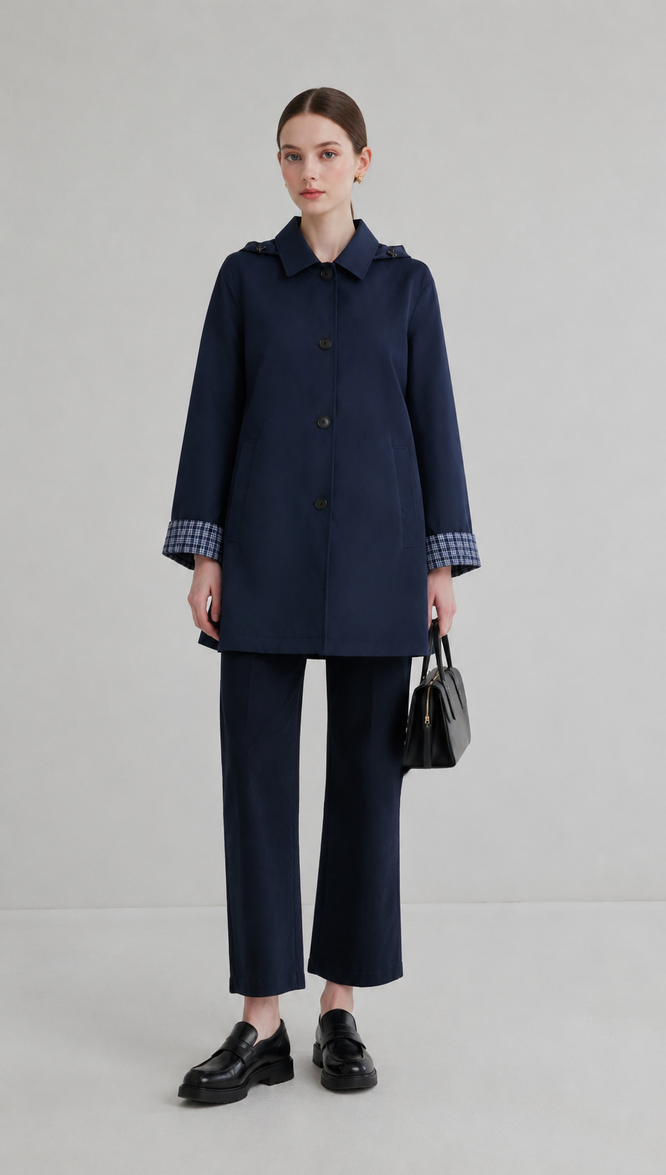 Elegant Navy Single-Breasted Coat with Plaid Accent WC-001