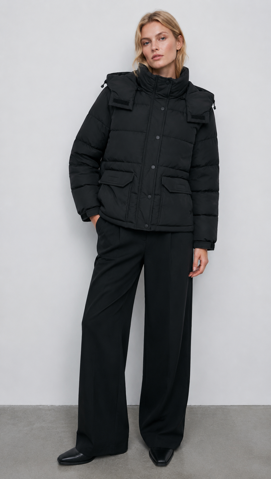 Black Detachable Hooded Puffer Jacket - Short Winter Outerwear WC-002
