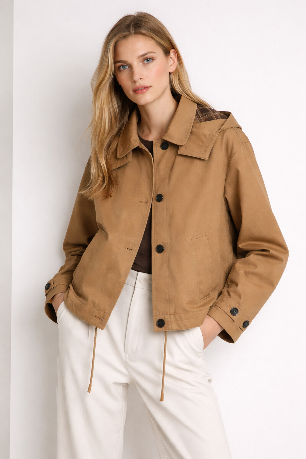Camel Detachable Hooded Jacket with Plaid Lining - Casual Outerwear WC-003