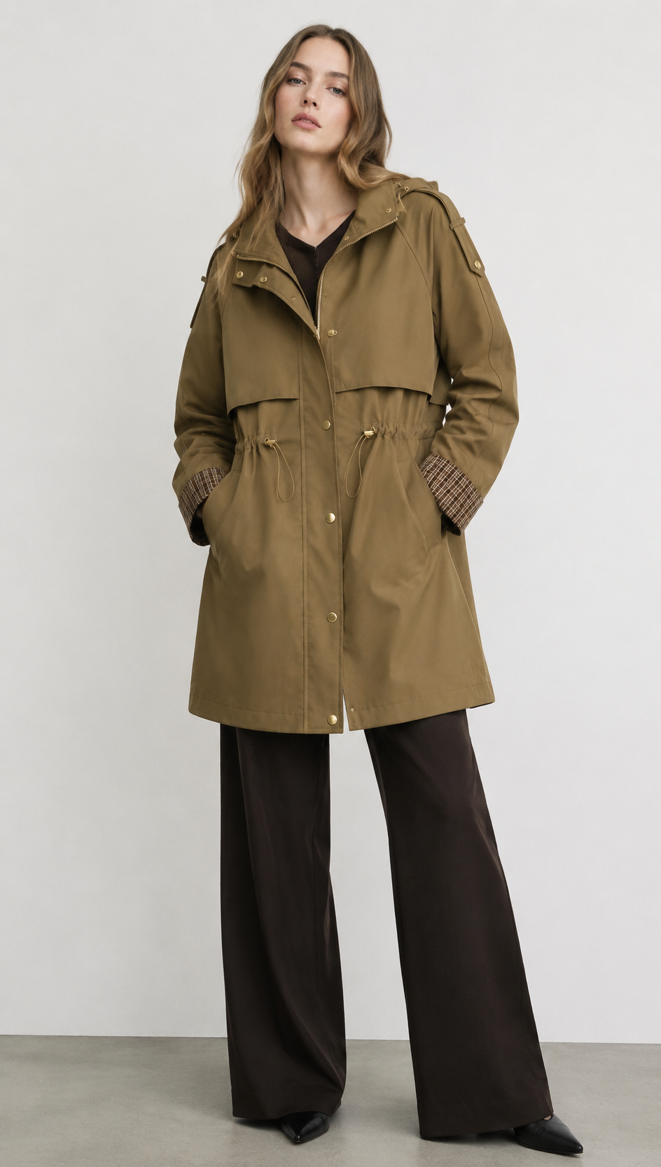 Khaki Drawstring Waist Trench Coat with Plaid Cuffs WC-004