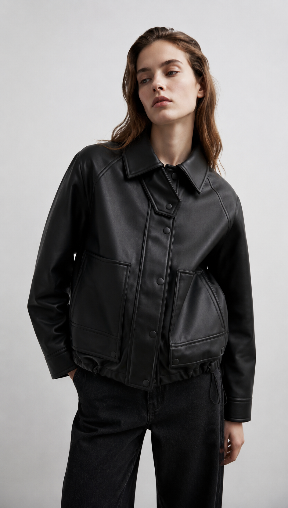 Black Oversized Leather Jacket with Asymmetric Collar WC-005