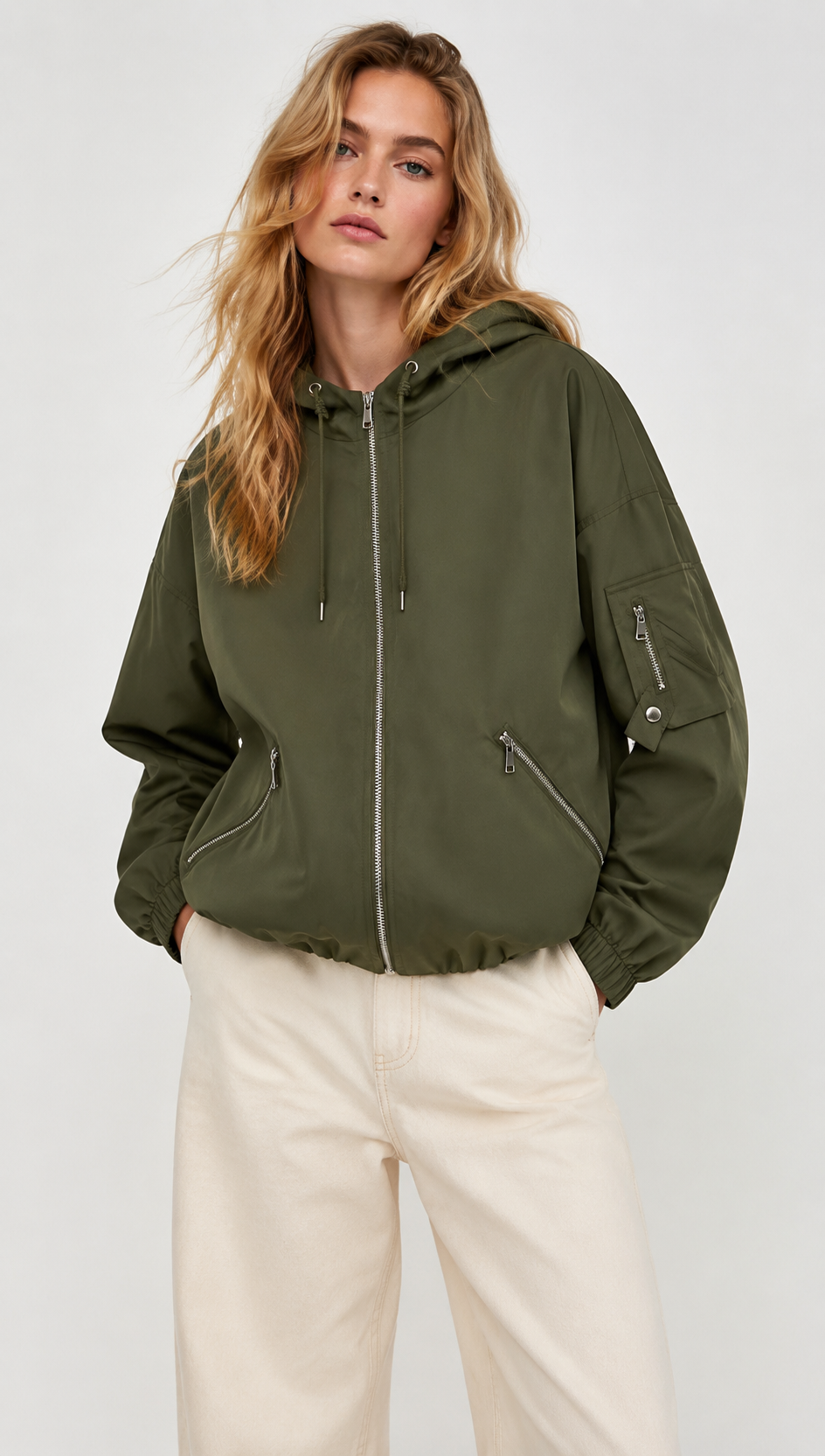 Army Green Hooded Bomber Jacket with Multiple Pockets WC-006