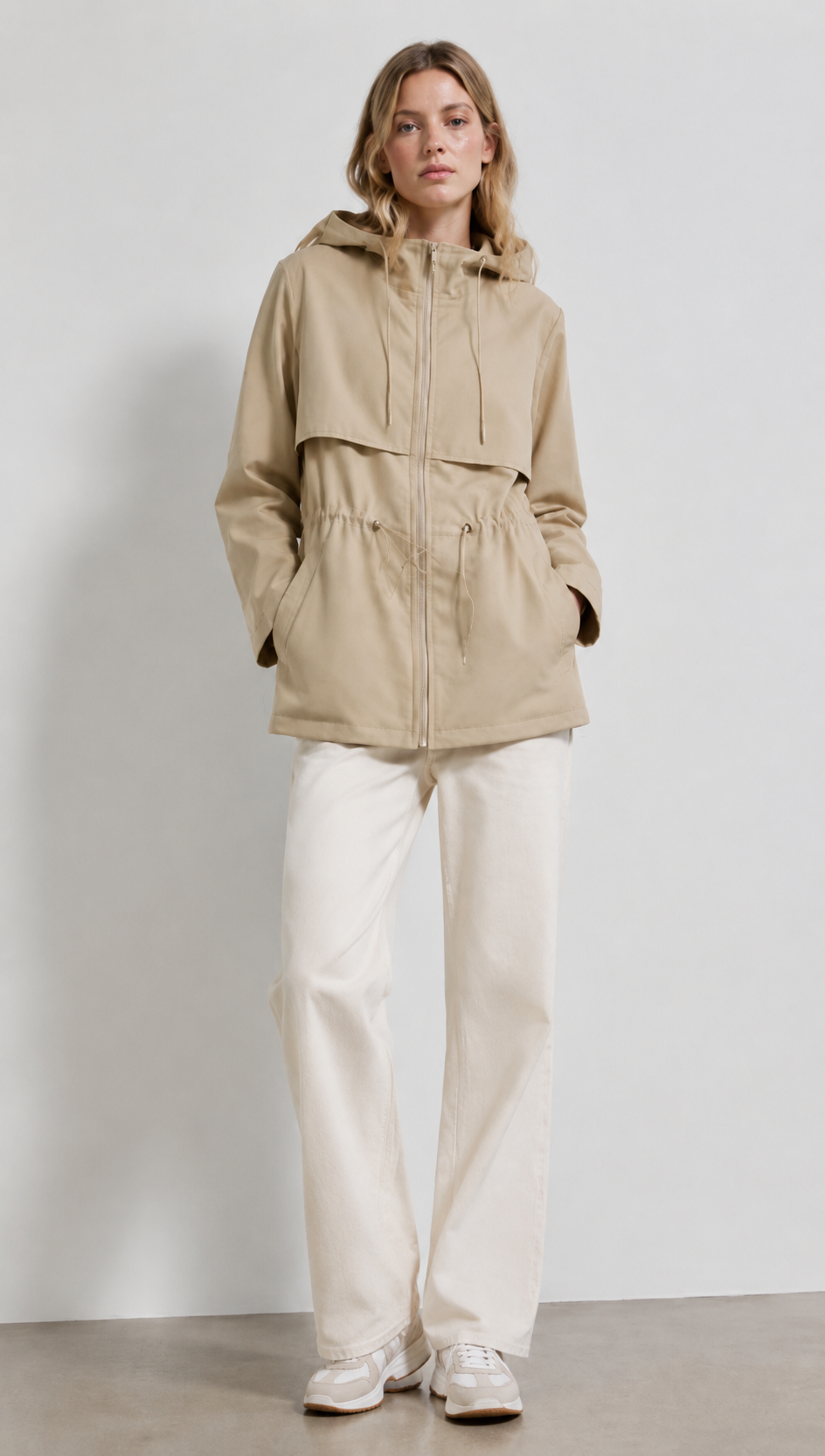 Beige Drawstring Waist Hooded Parka - Casual Outerwear WC-007