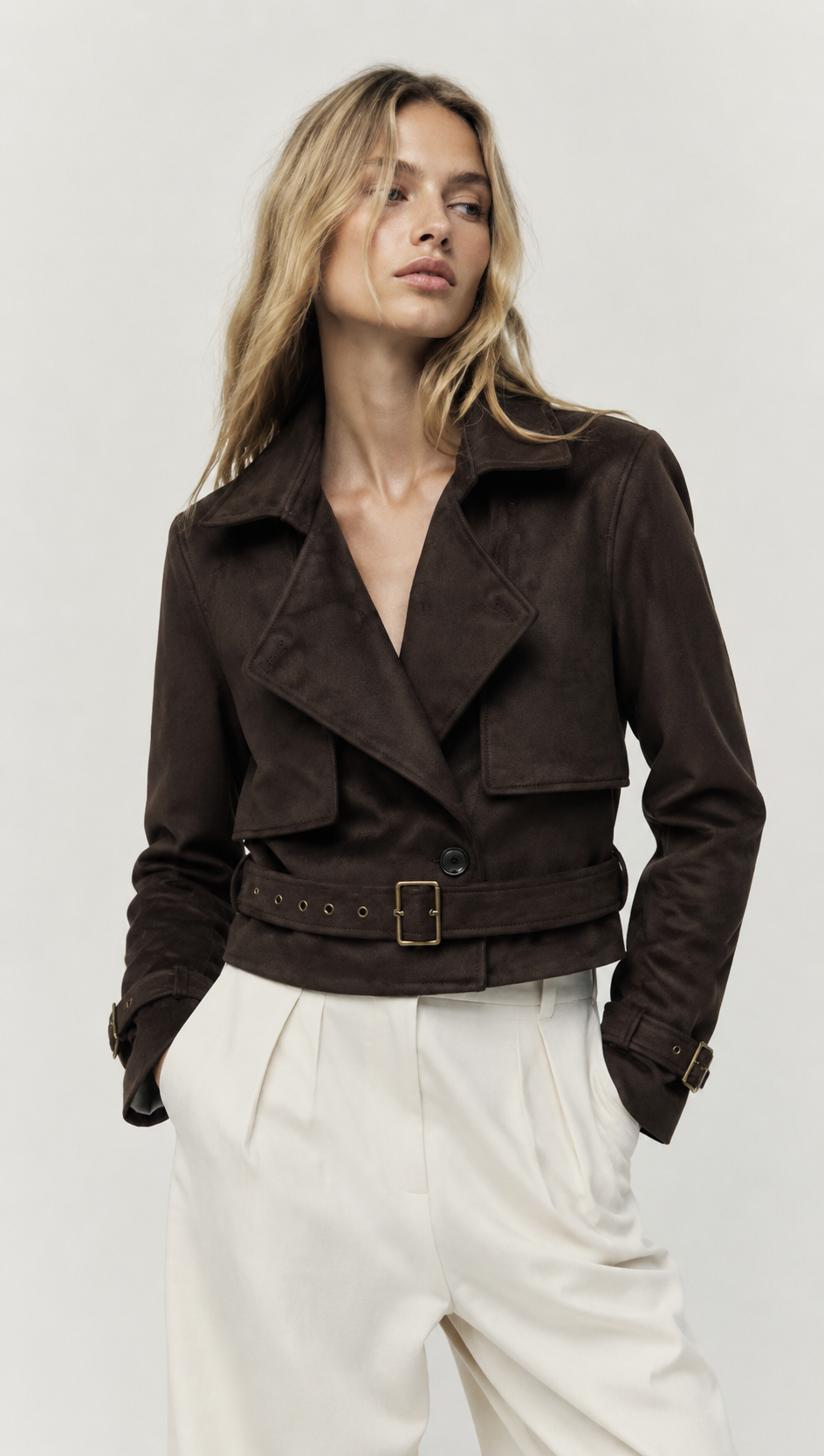 Brown Faux Suede Moto Jacket with Belted Waist WC-008