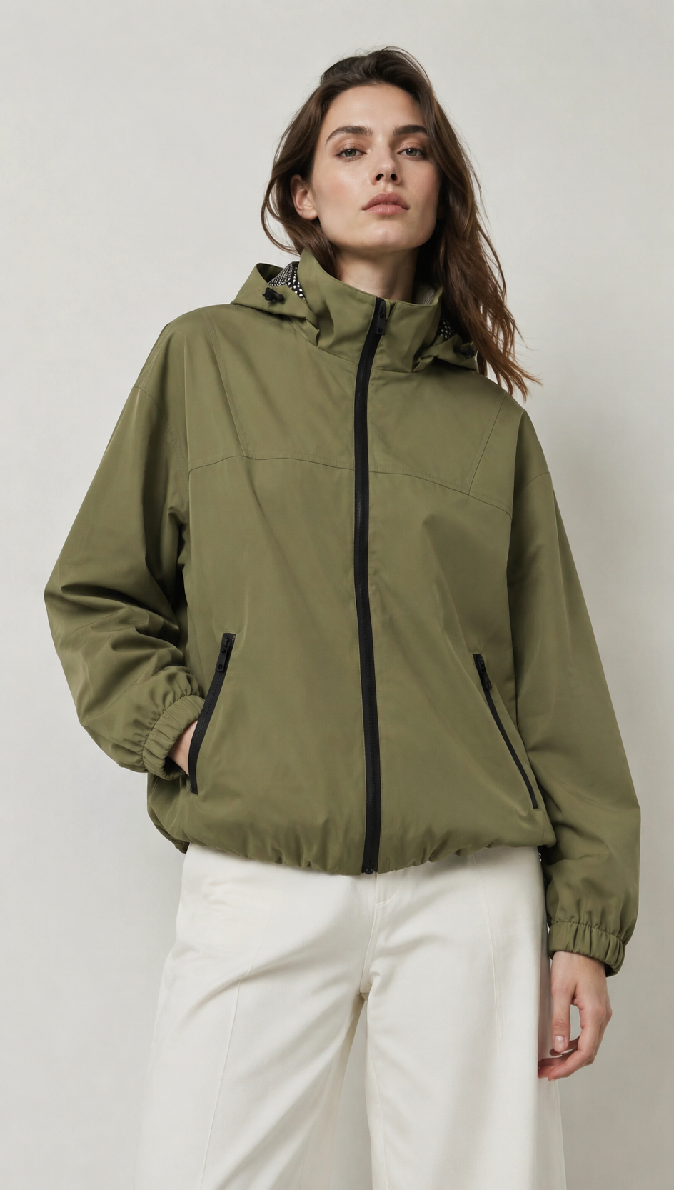 Army Green Hooded Windbreaker Jacket with Black Zippers WC-010