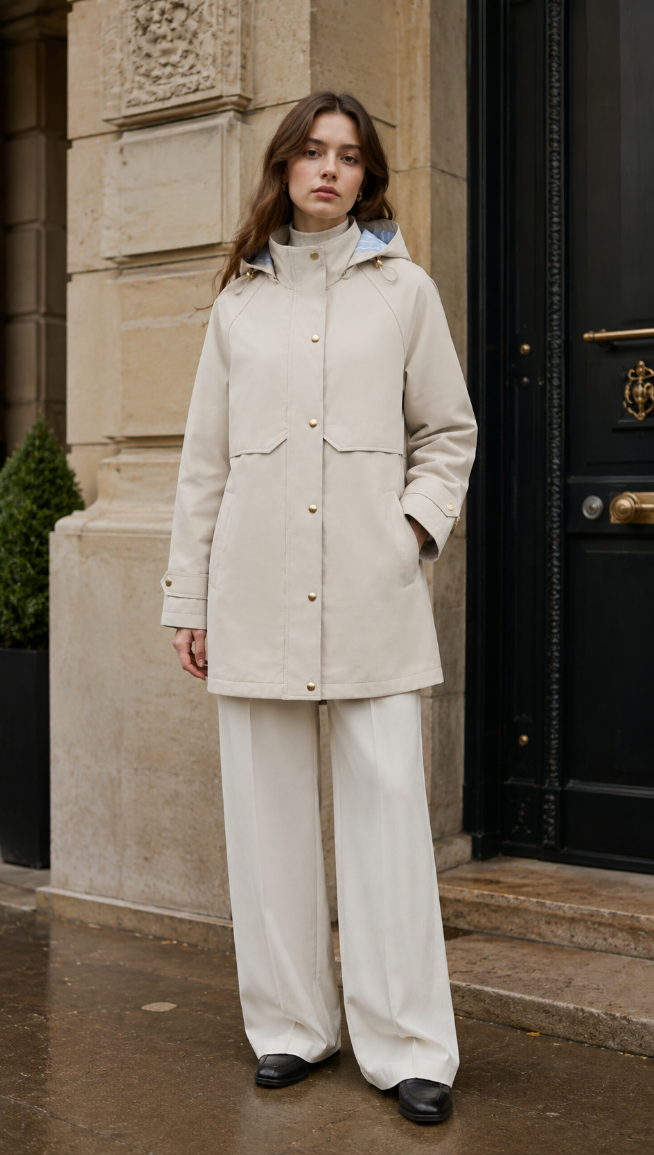 Beige Hooded Trench Coat with Plaid Lining & Gold Buttons WC-011