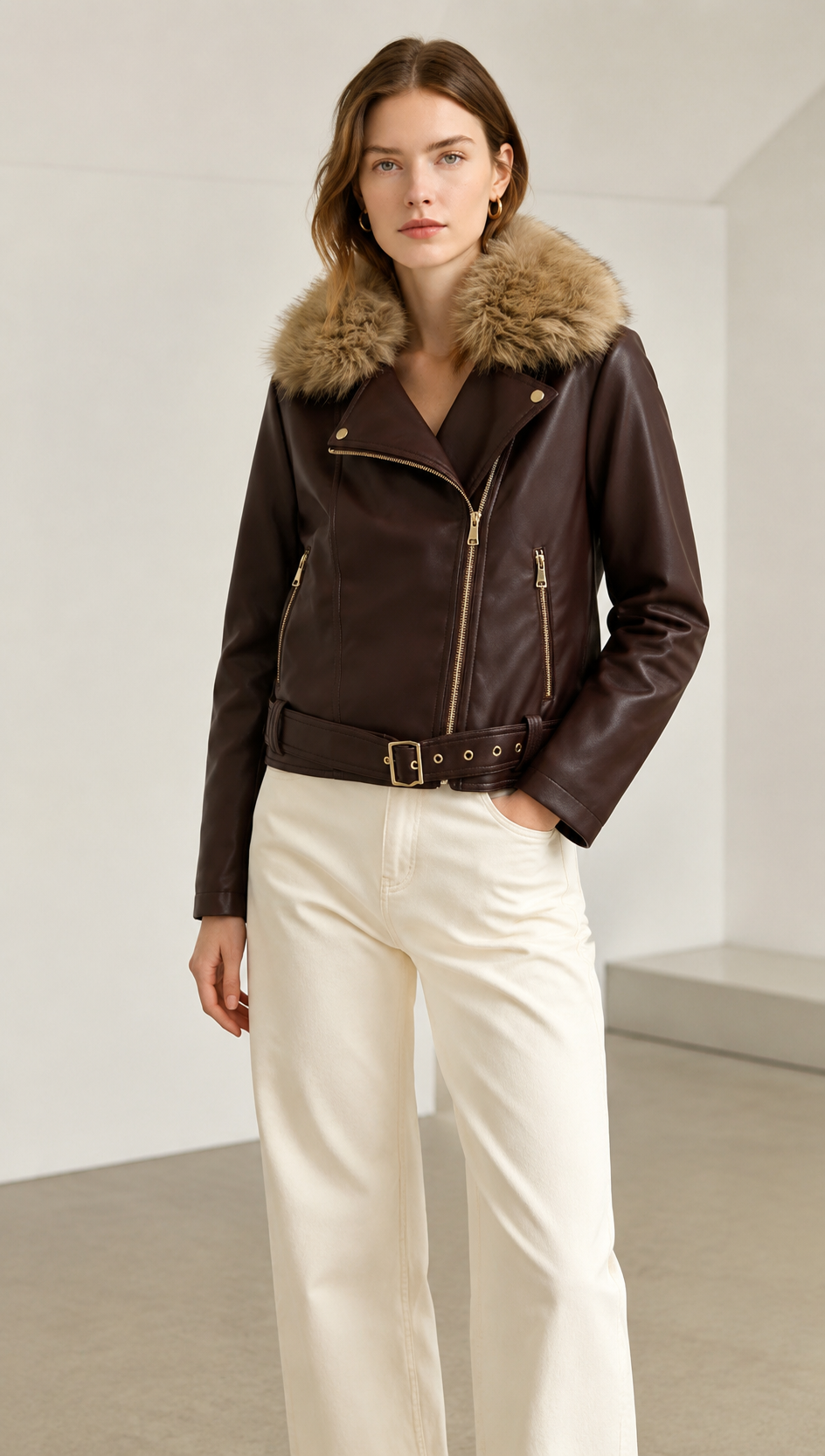 Brown Faux Leather Moto Jacket with Detachable Fur Collar WC-012