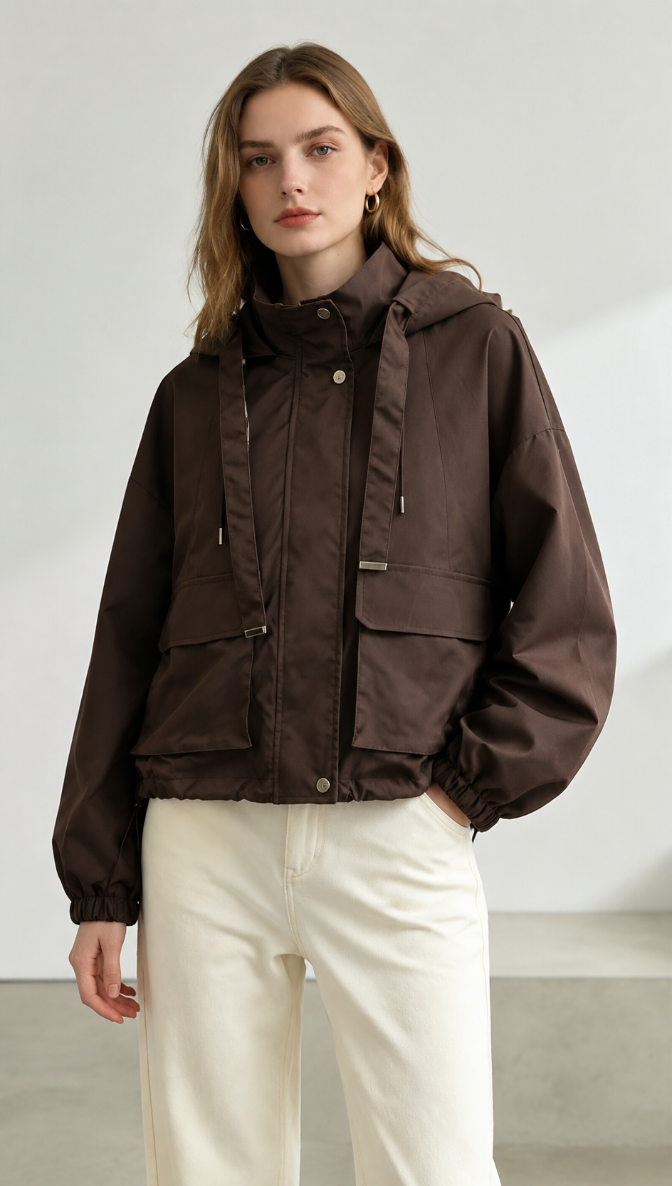 Brown Oversized Hooded Utility Jacket with Drawstrings WC-013