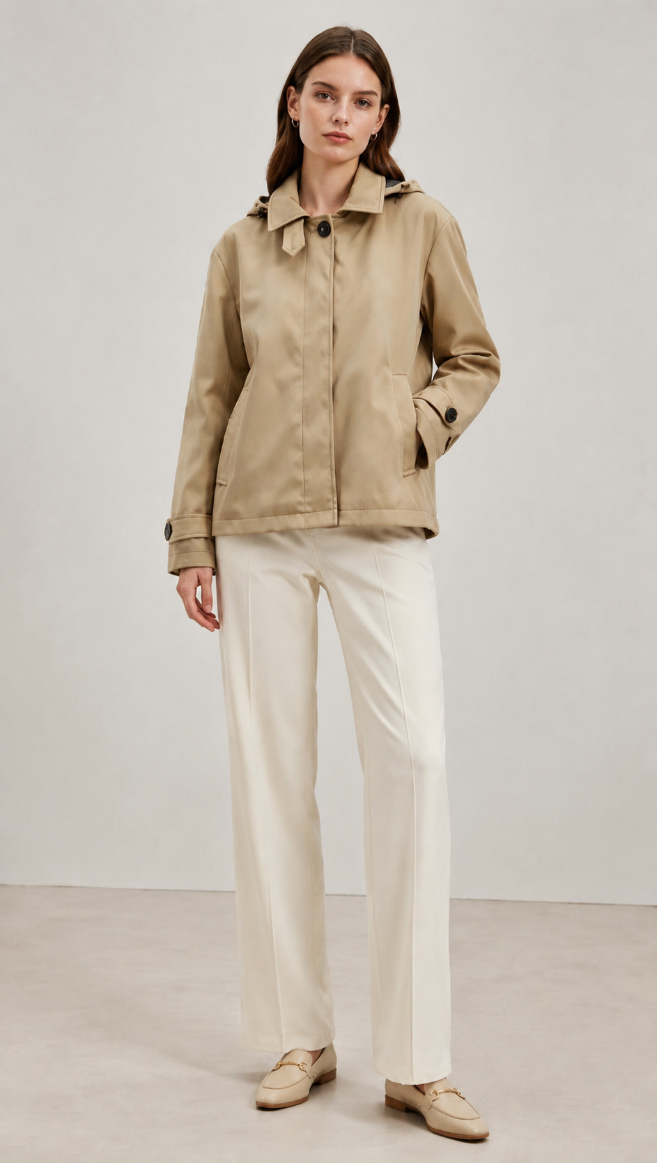 Beige Detachable Hooded Jacket with Plaid Lining WC-014