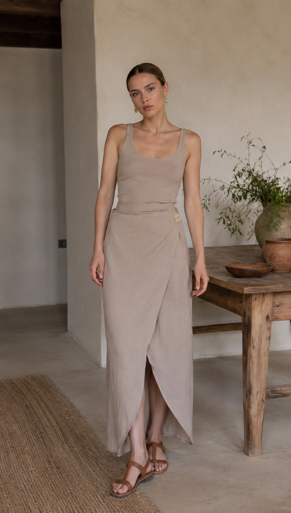 English: Minimalist Linen-Blend Wrap Midi Skirt with Asymmetrical Button AN-620037