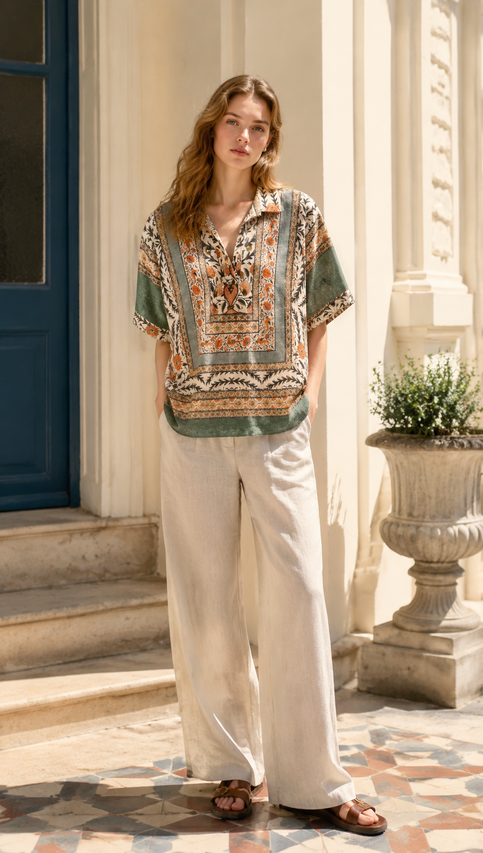 Boho Scarf Print V-Neck Camp Collar Relaxed Shirt AN-620049