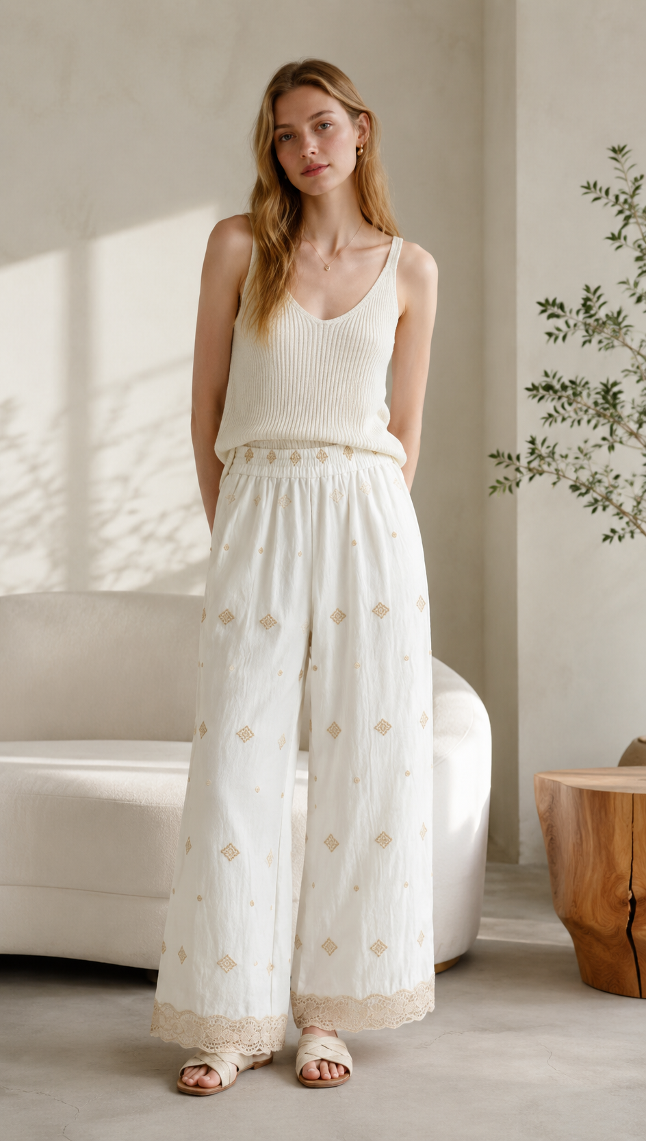 Minimalist High-Waisted Embroidered Wide-Leg Trousers AN-710002