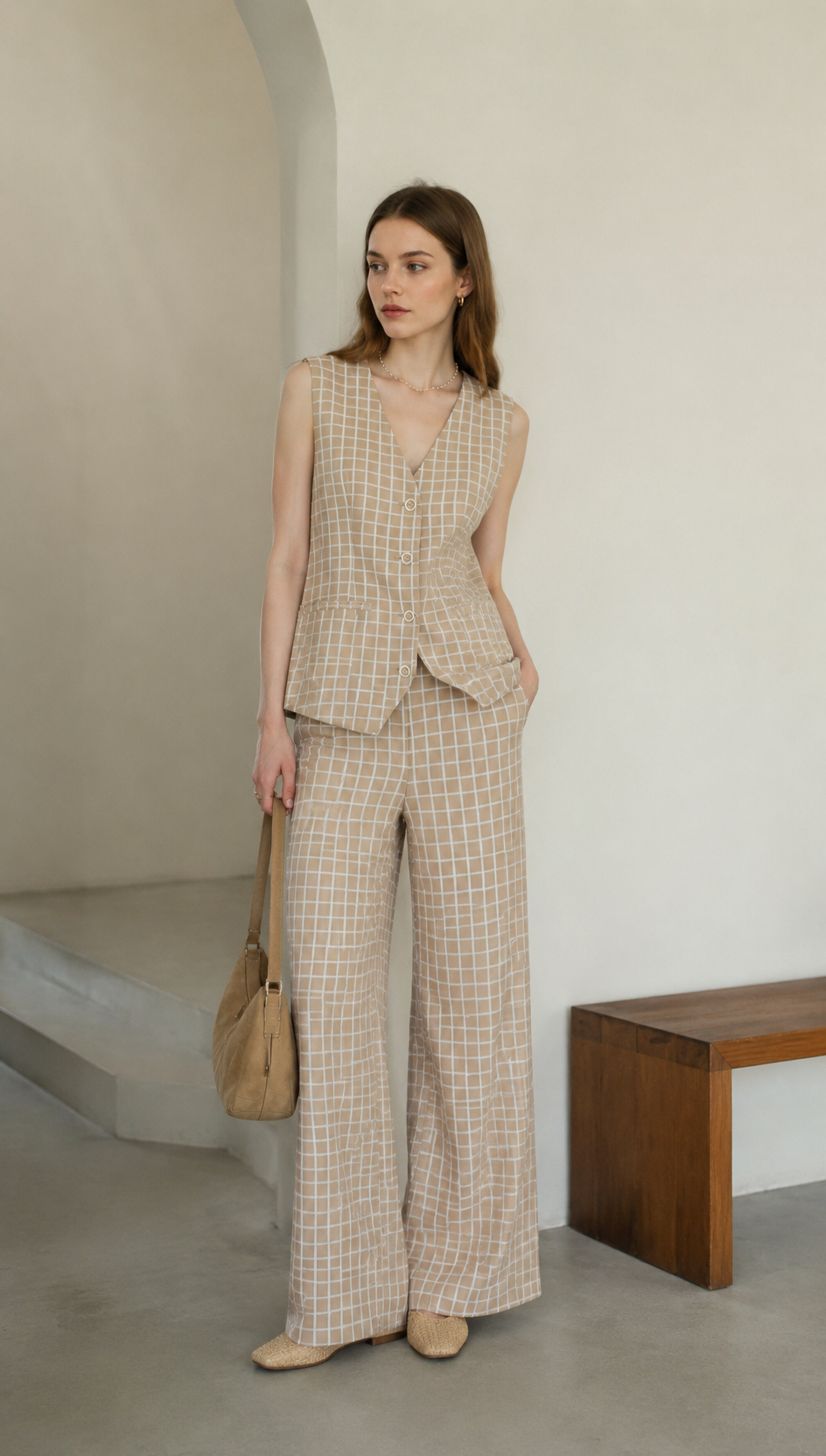 Minimalist Grid Print V-Neck Layering Vest AN-710012