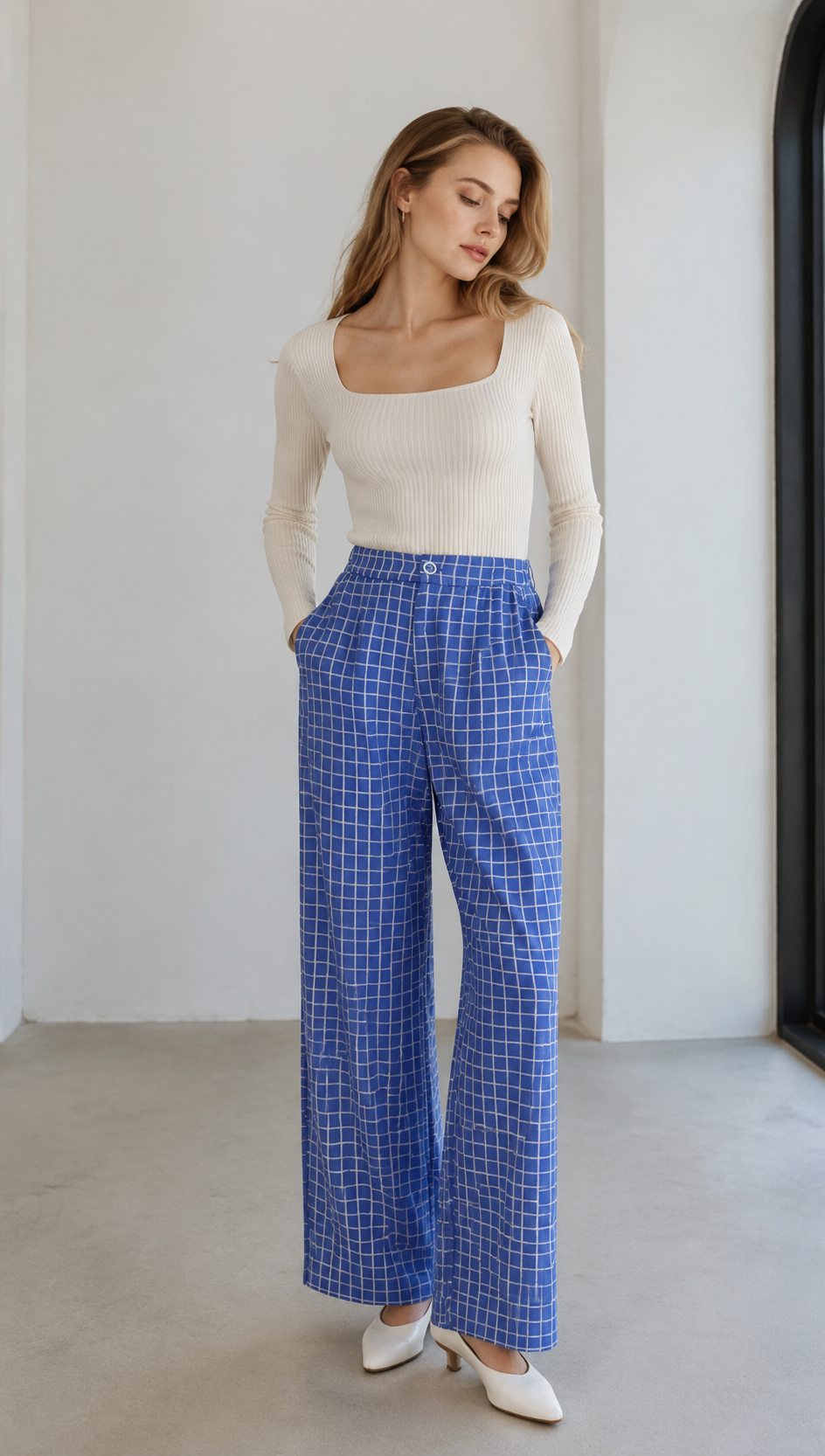 Minimalist Blue Grid Print High-Waisted Trousers AN-710016