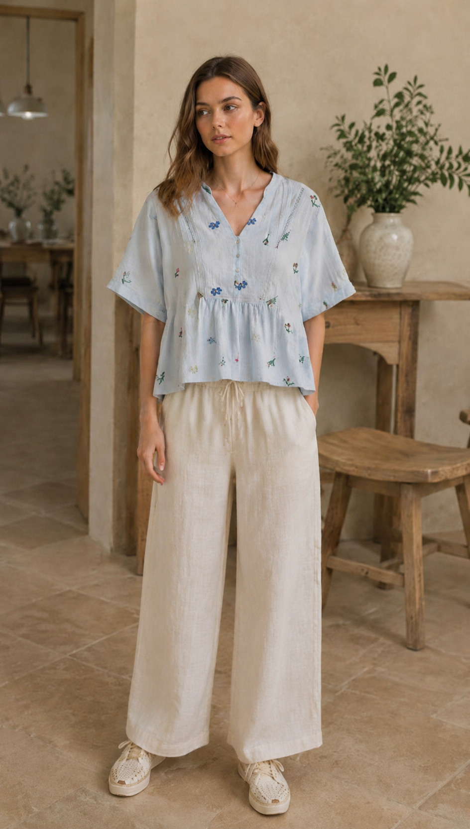 Minimalist Floral Embroidered Linen-Blend Top for Women AN-750003