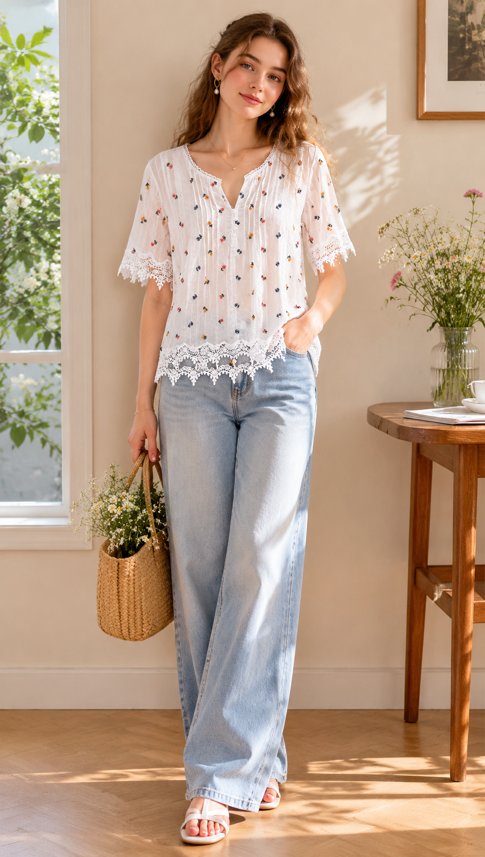 Minimalist White Floral Embroidered Lace Trim Top AN-750005