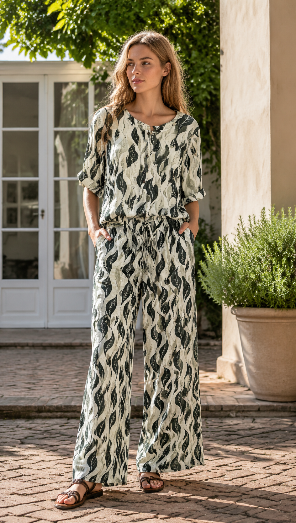 Minimalist High-Waisted Leaf Print Pants with Self-Tie Belt AN-750012
