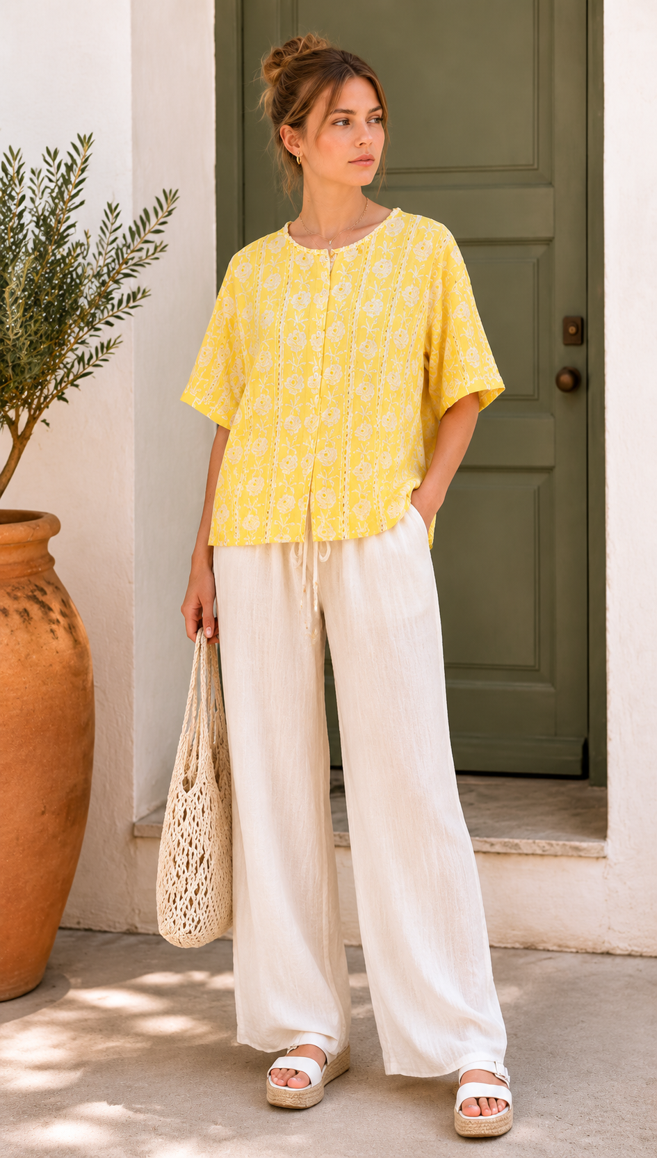 Minimalist Embroidered Eyelet Blouse with Beaded Trim AN-750013