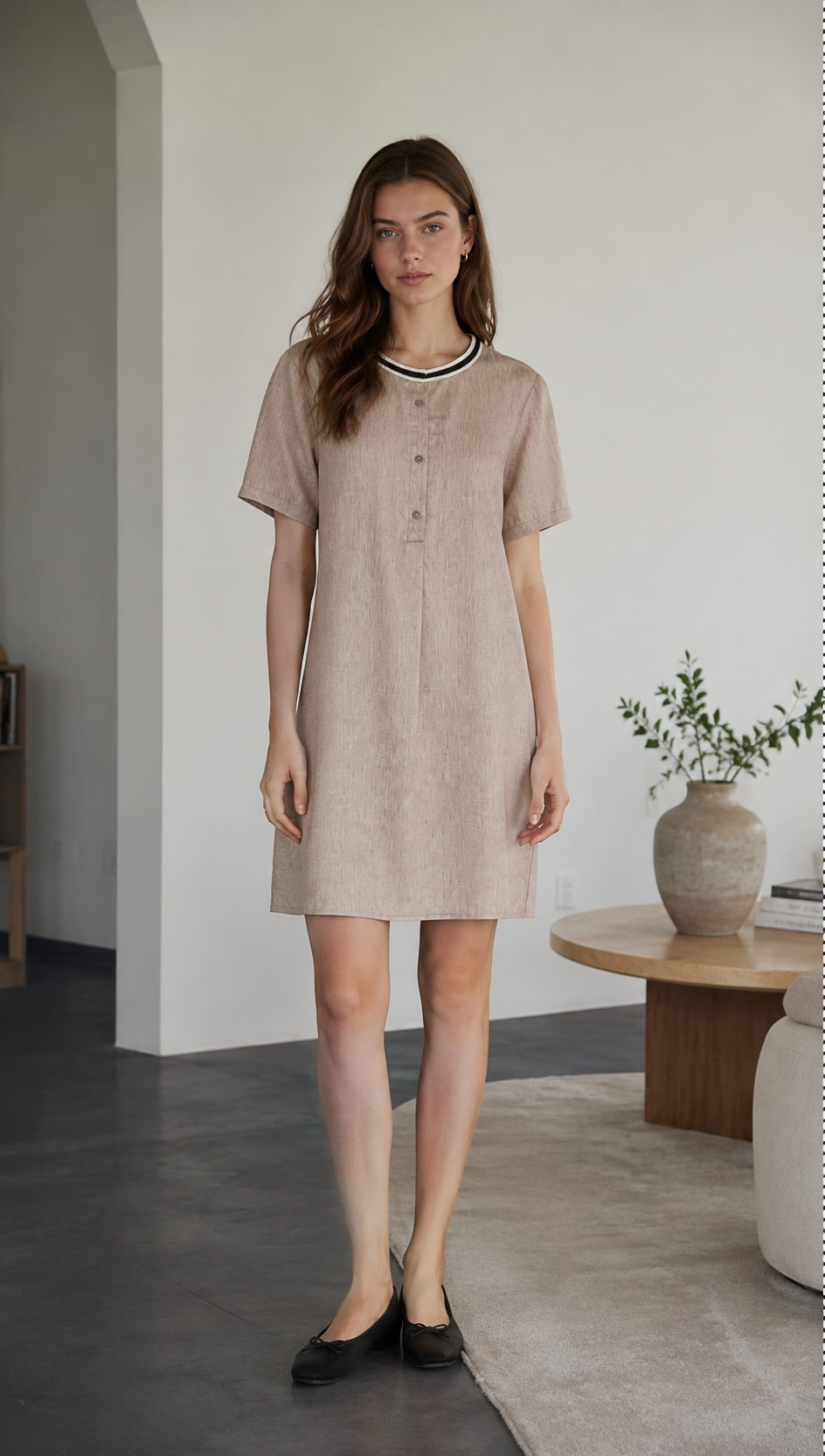 Blue Linen-Blend Tunic Dress with Contrast Neckline Trim AN-750015