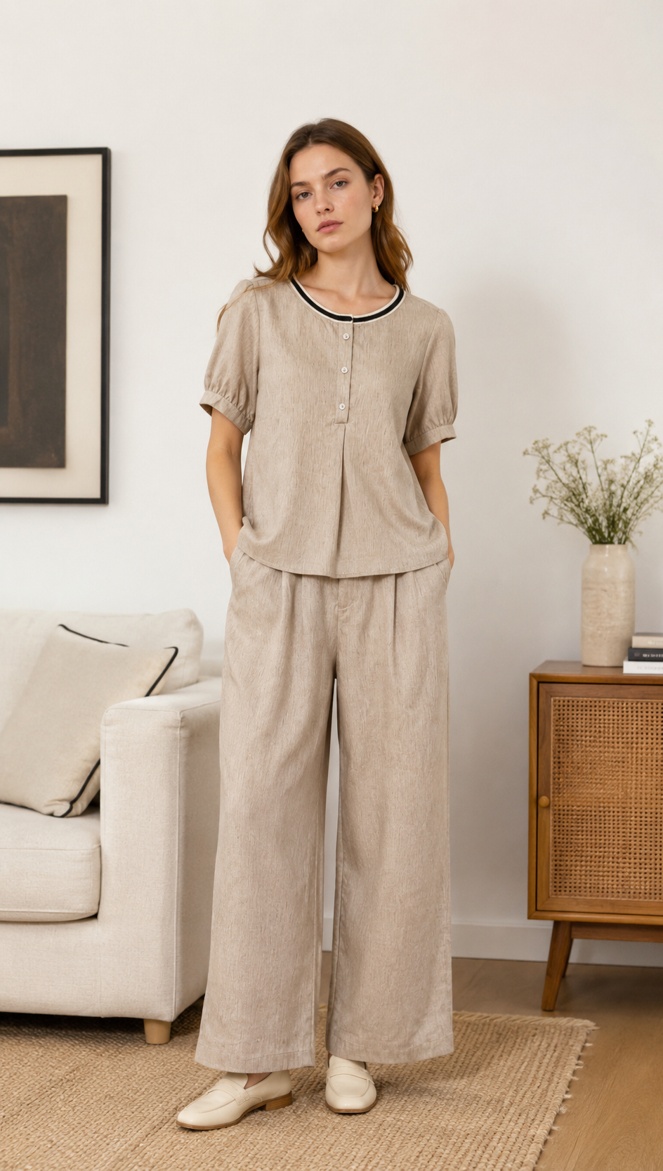 Minimalist High-Waisted Linen-Blend Wide-Leg Pants AN-750017